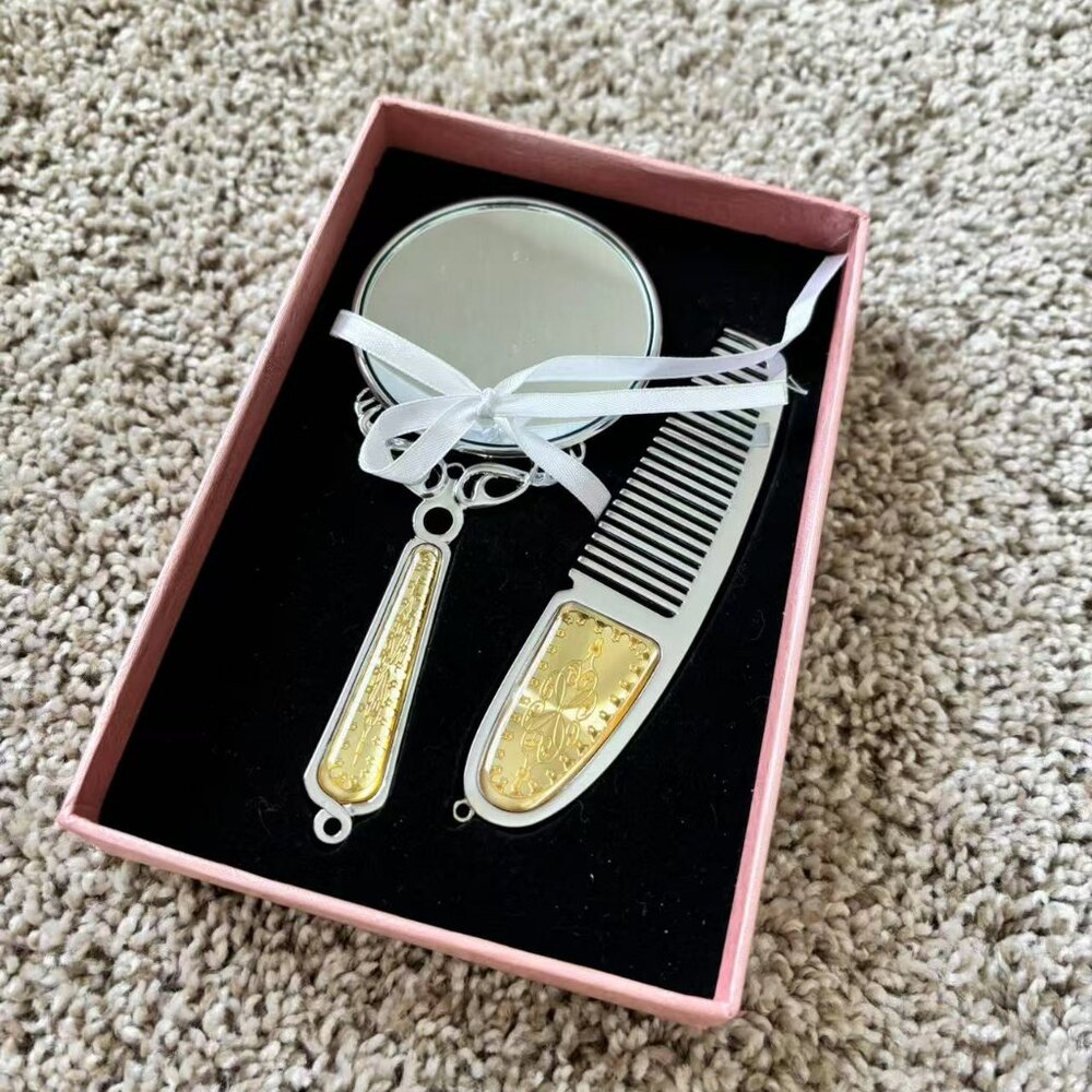 Vintage-Inspired Silver Mirror & Comb Gift Set Includes Pink Gift Box